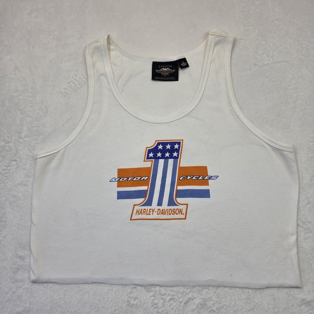 Harley Davidson Womens XL Ribbed Tank Top #1 Graphic White Biker Y2K Crop